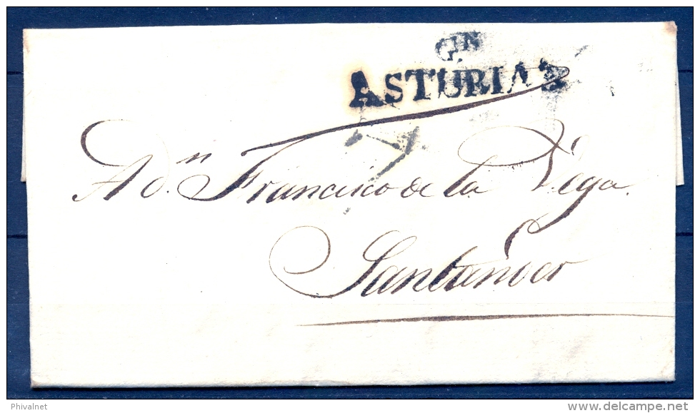 1830 , PREFILATELIA , CARTA CIRCULADA ENTRE GIJÓN Y SANTANDER , MARCA PREFILATÉLICA " Gn. ASTURIAS " - ...-1850 Préphilatélie
