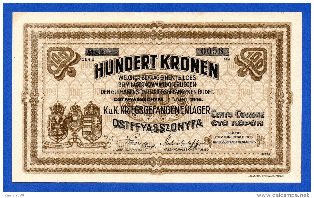 Hungary R5 Ostffyasszonyfa WWI POW Camp 100 Corone / Korona / Kronen 1916 XF~AU - Ungheria