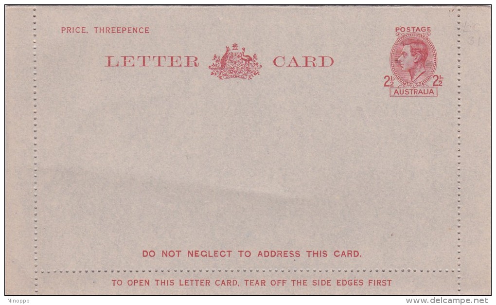 Australia 1949 Letter Card L47a King George VI, Three Pence Mint - Postal Stationery