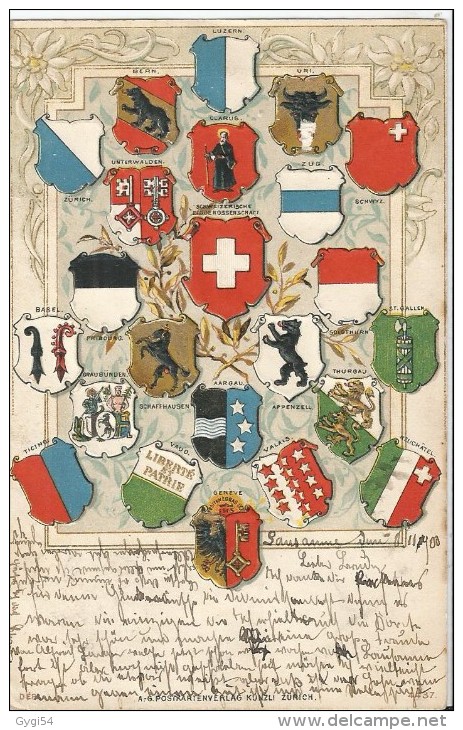 Suisse - Blasons Suisses  Cantons  Positions Géographiques Carte Gaufrée  CPA 1900 - Cartes Géographiques