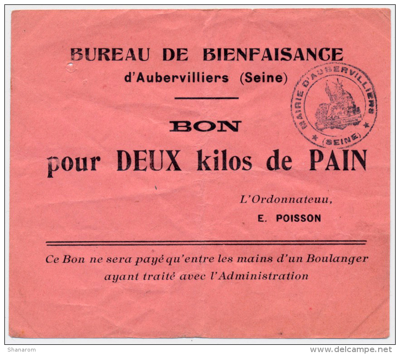 AUBERVILLIERS // BUREAU De BIENFAISANCE // Bon Pour Deux Kilos De Pain - Bons & Nécessité