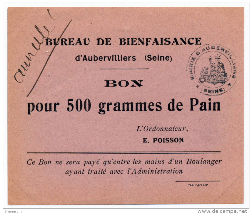 AUBERVILLIERS // BUREAU De BIENFAISANCE // Bon Pour 500 Grammes De Pain - Bons & Nécessité