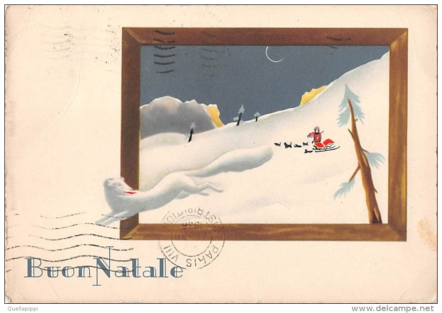 02802 "BUON NATALE" PAESAGGIO , NEVE, SLITTA CON CANI, VOLPE .   CART.  SPED. 1936 - Altri & Non Classificati