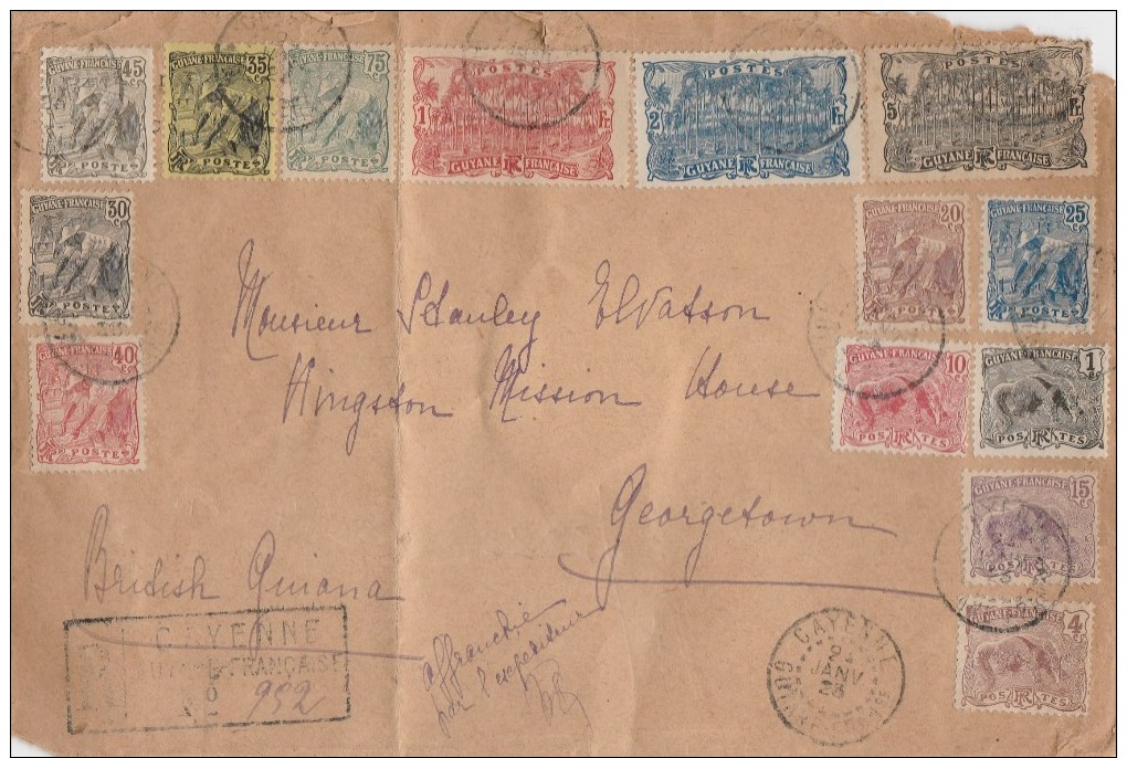 French Guiana (1923) Cayenne 'Reg. Cover' To Georgetown With Exceptional Franking. - Cartas & Documentos