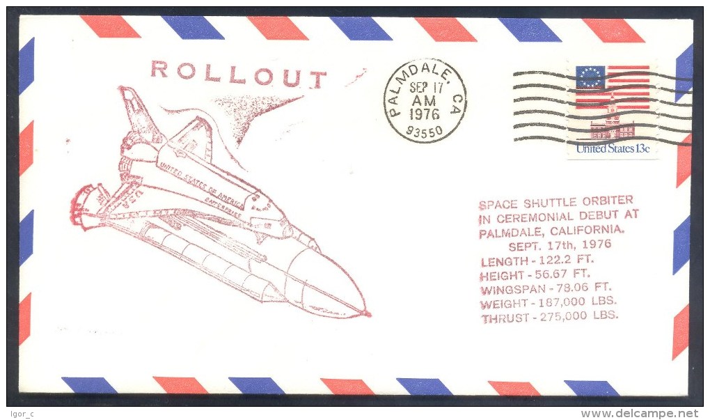 USA 1976 Air Mail Cover: Space Shuttle Orbiter Rollout, Ceremonial Debut At Palmdale - Etats-Unis