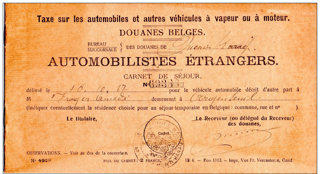 Fiscal, Fiscaux, Taxe Sur Les Automobiles Douanes Belges Pour Une Automobile DELAGE 1928, Voir 3 Scans - Otros & Sin Clasificación