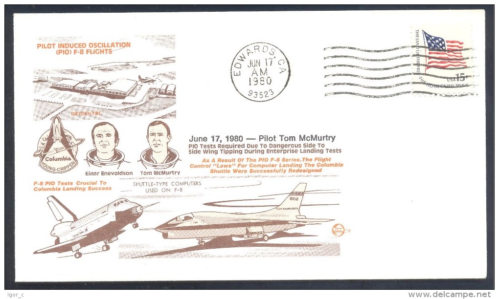 USA 1980 Cover: Space Weltraum Nasa Pilot Induced Oscillation F-8 Test Space Shuttle Columbia; Pilot Tom McMurty - Etats-Unis