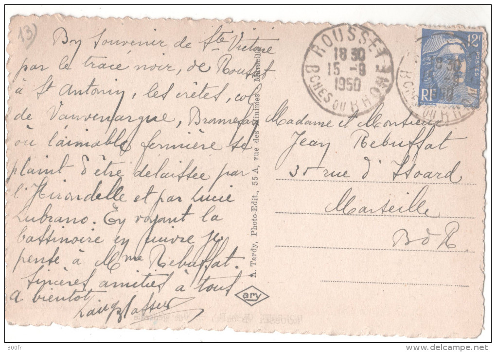 CP ROUSSET Vue Générale (13 Bouches Du Rhône) Obliteration ROUSSET 15/9/1950 Marianne GANDON - Rousset