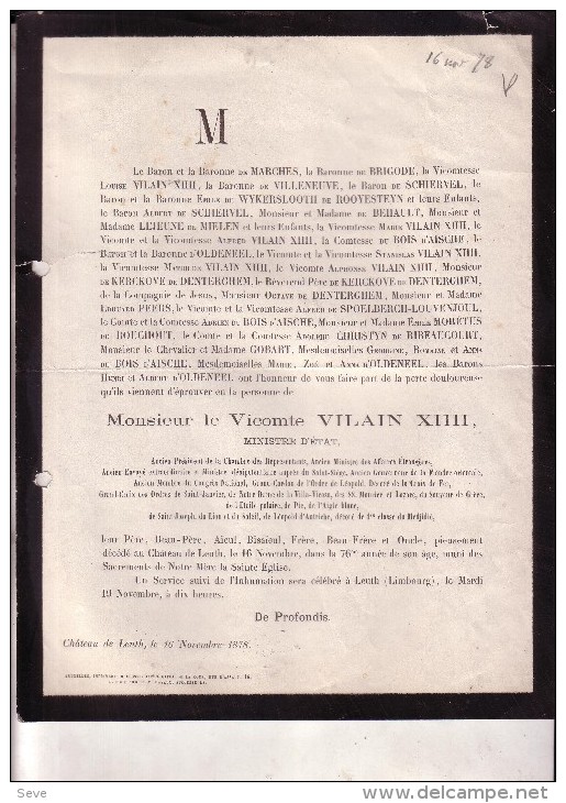 Kasteel LEUTH LIMMBURG Vicomte Vilain XIIII Ministre D'ETAT Congrès National 1802-1878 Doodsbrief Député - Overlijden