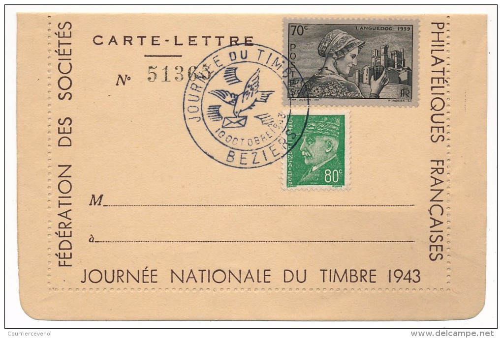 Carte-Lettre => Journée Nationale Du Timbre 1946 - BEZIERS - Journée Du Timbre