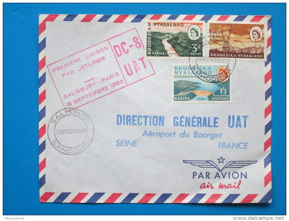 1960 Rhodesia & Nyasaland - First Flight By DC8, Salisbury To Paris - Franked With 3 R&N Kariba Dam Stamps (Aviation) - Rhodésie & Nyasaland (1954-1963)