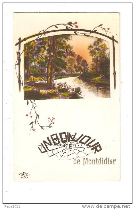 CPA Fantaisie : 80 MONTDIDIER Un Bonjour De Montdidier - Illustration D'un Paysage Avec Rivière+ Bonjour Montdidier - Montdidier
