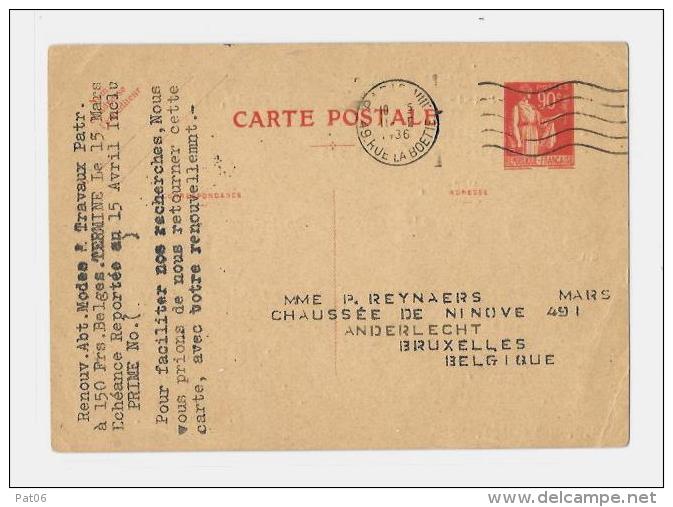PARIS VII° &ndash; Bureau &laquo; 49 Rue La Boëtie &raquo; CPE Ordinaire  - Tarif &laquo; BELGIQUE &raquo; à 90c. (1.8.1 - Overprinter Postcards (before 1995)