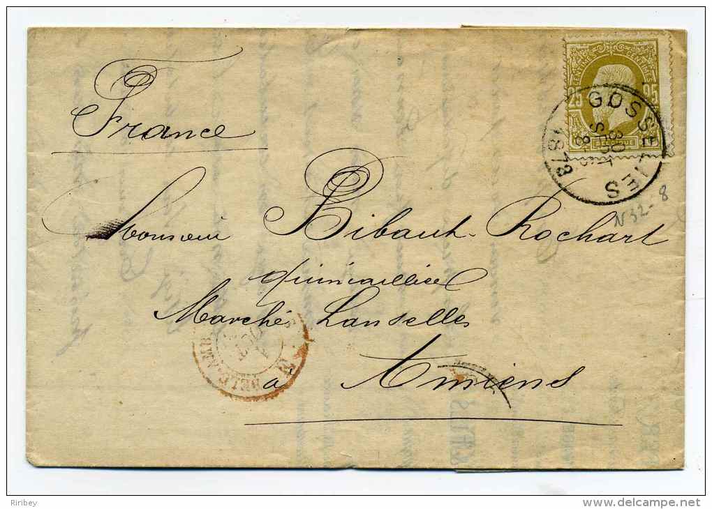 Lettre De GOSSELIES Pour La France / 30 Sept 1878 / Marque D'entrée En France  Belgique Ambulant Par Valenciennes - 1869-1883 Leopold II.