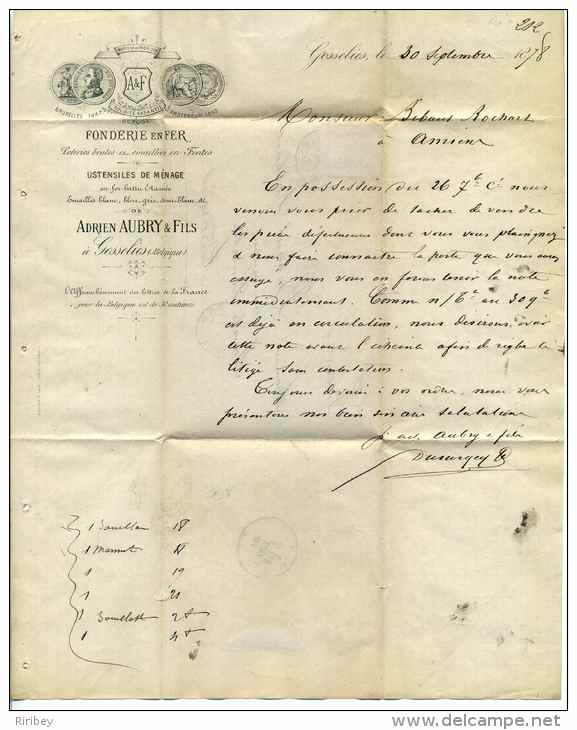 Lettre De GOSSELIES Pour La France / 30 Sept 1878 / Marque D'entrée En France  Belgique Ambulant Par Valenciennes - 1869-1883 Leopold II.