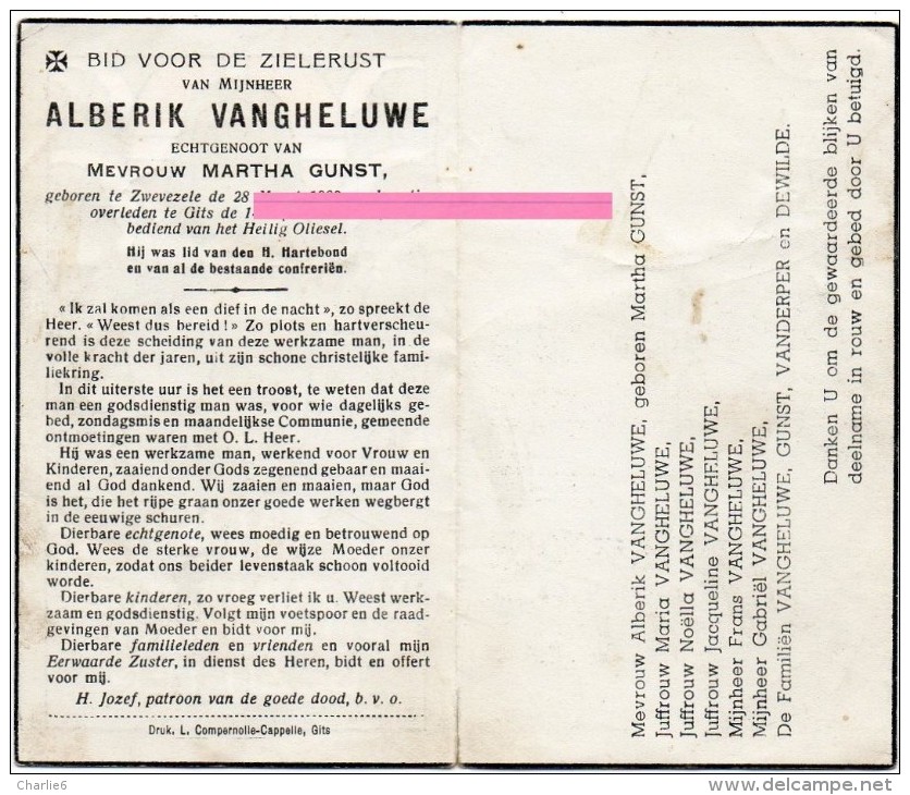 Vangheluwe Alberik Gunst Martha Vanderper Dewilde Zwevezele  Bidprentje Doodsprentje - Religione & Esoterismo