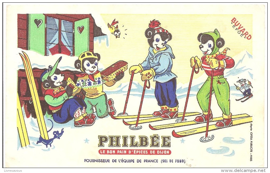 Buvard Philbée Le Bon Pain D´épices De Dijon (Fournisseur De L´Equipe De France De Ski De Fond) Des Années 1960 - Pan De Especias