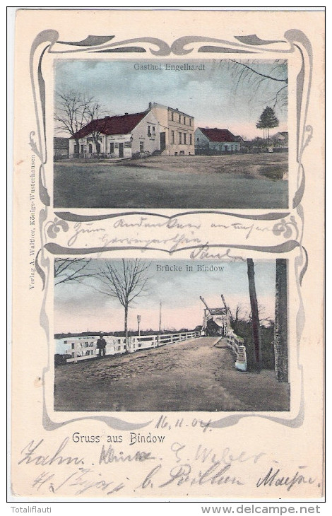 Gruss Aus Bindow Landkreis Beeskow Storkow Gasthof Engelhardt Hubbrücke Jugendstil Belebt Color 17.2.1904 - Beeskow