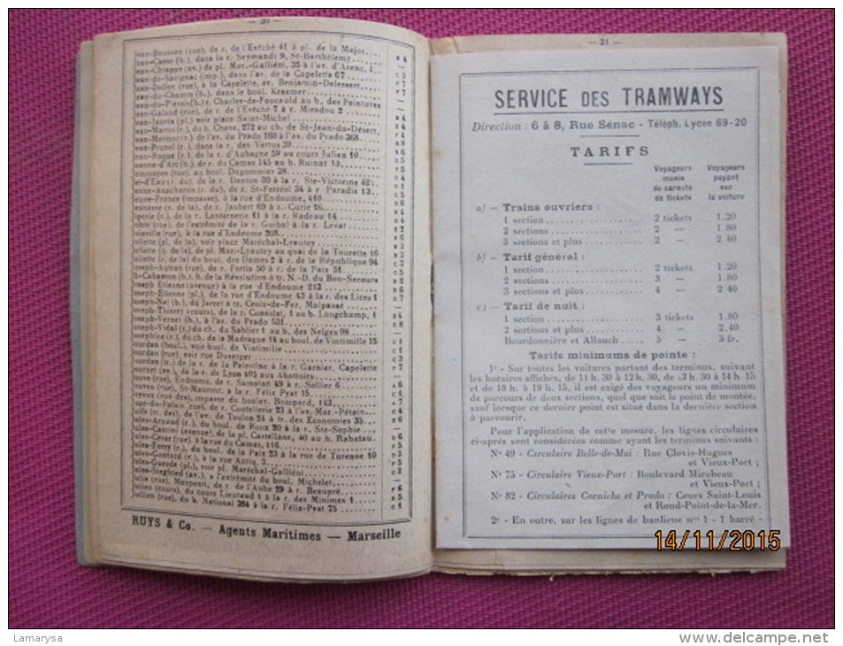 1941 LIVRET MARSEILLAIS CARTE DU RESEAU DES TRAMWAYS RUES PLAN DE MARSEILLE  JULES VIN TARIF VOITURE AUTOMOBILE DE PLACE