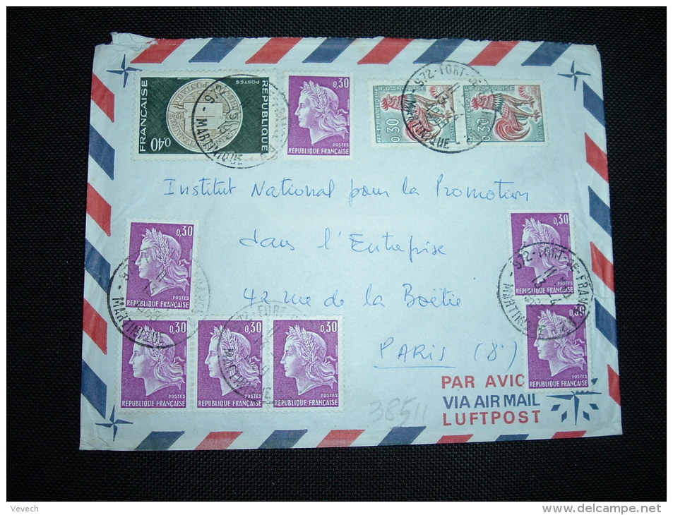 LETTRE PAR AVION TP MARIANNE DE CHEFFER 0,30 X7+COQ DE DECARIS 0,30 X2+CHEQUES POSTAUX 0,40 OBL.13-4-1968 FORT DE FRANCE - 1967-1970 Marianne Of Cheffer