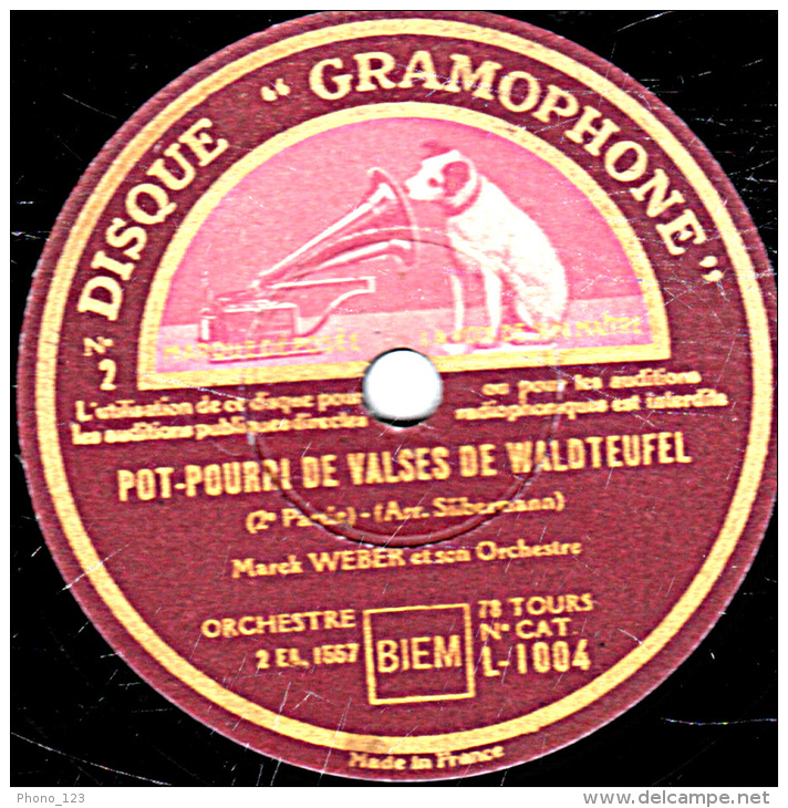 78 Trs 30 Cm  état  TB -  Marek WEBER Et Son Orch. - POT-POURRI DE VALSES DE WALDTEUFEL 1re Et 2e Parties - 78 T - Disques Pour Gramophone