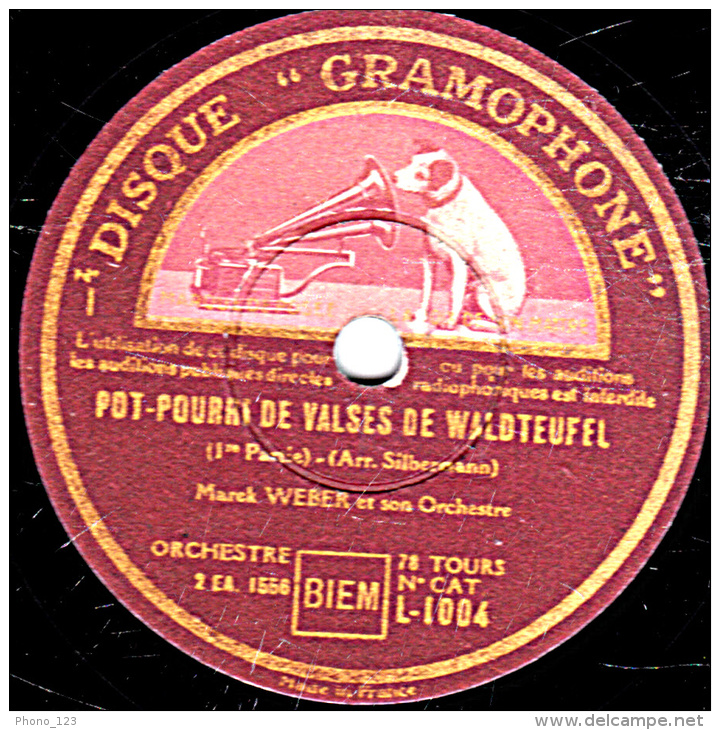 78 Trs 30 Cm  état  TB -  Marek WEBER Et Son Orch. - POT-POURRI DE VALSES DE WALDTEUFEL 1re Et 2e Parties - 78 T - Disques Pour Gramophone