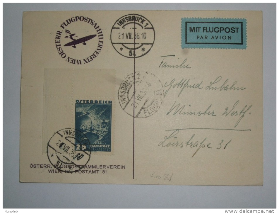 AUSTRIA 1936 FLUGPOST CARD INNSBRUCK AND WIEN MARKS - Storia Postale