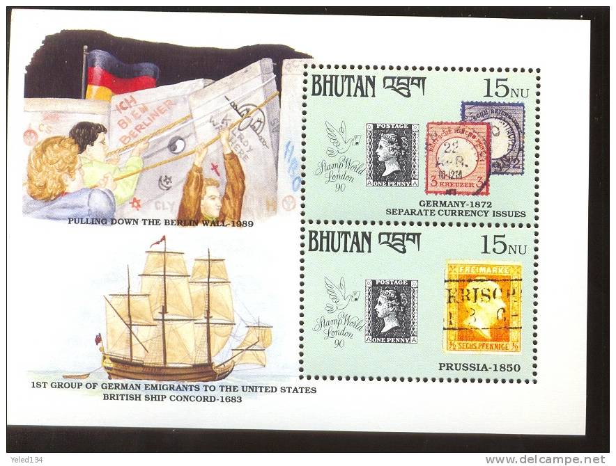 MNH BHUTAN # 913 : SOUVENIR SHEET STAMPS OLD STAMPS ; PENNY BLACK ; POSTAL HISTORY ; SHIPS ; PULLING DOWN BERLIN WALL - Bhoutan