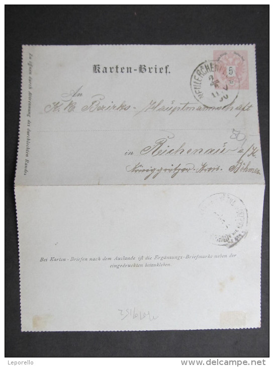 GANZSACHE Kartenbrief Neulerchenfeld - Reichenau A.K. 1890  //// D*18240 - Briefe U. Dokumente