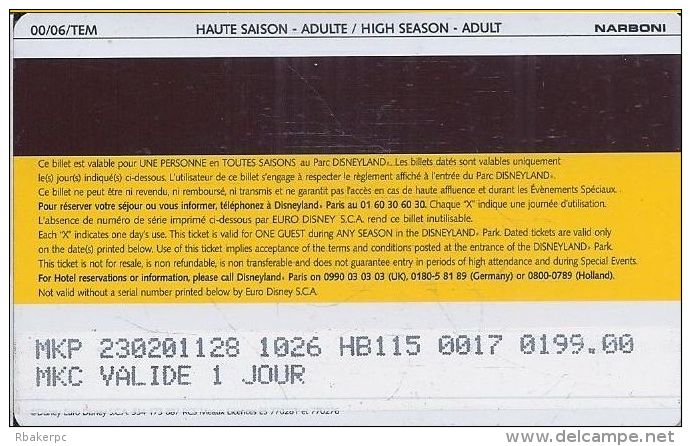Disney Paris Adult Ticket / Entrance Card - Autres & Non Classés