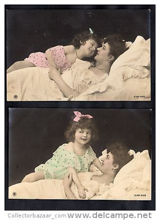 VICTORIAN CHILDREN GIRL & MOTHER LOVE Two (2) Real Photo Postcard Ca1900 - Photographs