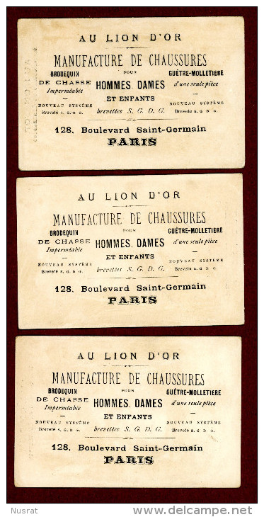 Paris, Au Lion D'Or, Lot De 3 Jolies Chromos Dorées, Fillette Devant Son Miroir, Poupée Et Cachant Un Objet Sous Sa Robe - Other & Unclassified