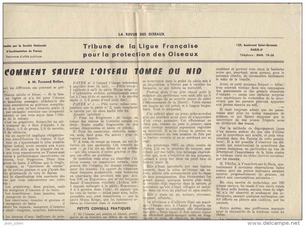 JOURNAL  -  LA REVUE DES OISEAUX  - ORNITHOLOGIE  -  OISEAU  -  1959 - 1950 à Nos Jours