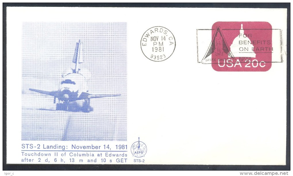 USA 1981 Cover: Space Weltraum: NASA Space Shuttle Columbia Edwards: STS-2 Landing; For Benefits On Earth Slogan - Etats-Unis