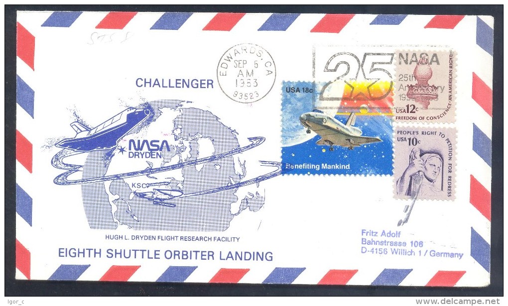 USA 1983 Air Mail Cover: Space Weltraum: NASA 25 Anniversary Slogan Space Shuttle STS-8 Challanger Landing Edwards - Etats-Unis