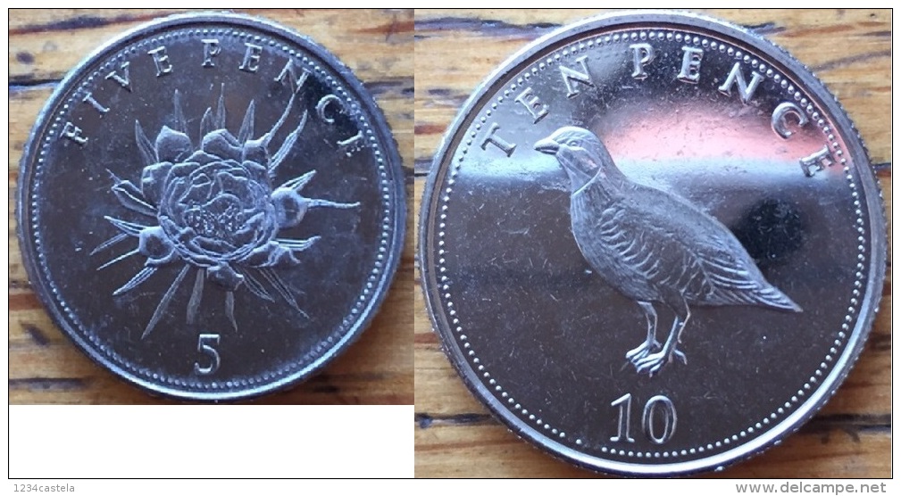 Gibraltar 5 + 10 Pence 2014 NEW Set Of 2 Coins Flower + Bird 5p 10p UNC - Gibraltar