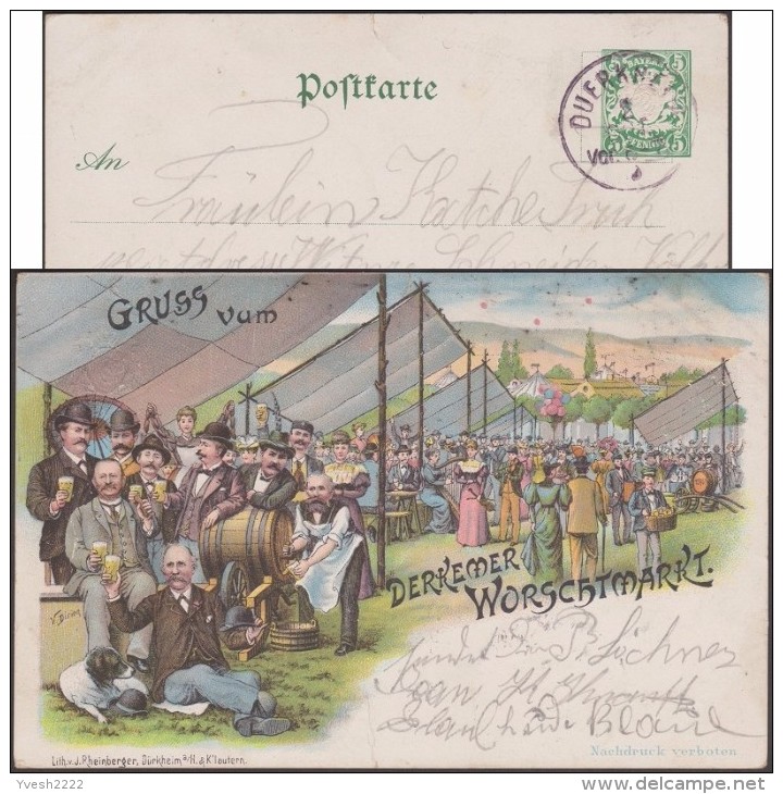 Bavière 1899. Carte Postale, Entier TSC. Marché De La Saucisse. Tirage De Bière Au Fût. Labrador, Harpe, Violons, Cirque - Bières