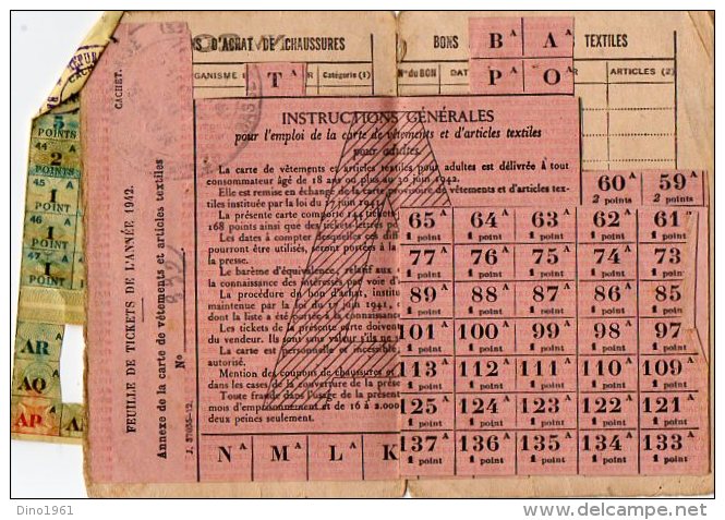 VP2310  - Guerre 1939 - 45 - Commune De PARDIES 1942 - Carte De Vetements Et D'articles Textiles MARQUEHOUSSE - Otros & Sin Clasificación