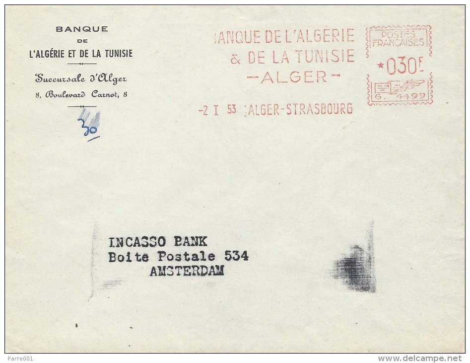 Algerie Algeria 1953 Alger Strasbourg Banque De L'Algerie Meter Franking Havas “G” 4499 Winged Envelope EMA Cover - Brieven En Documenten