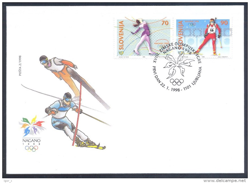 1998 Slovenia Slowenien Fdc Cover: Winter Olympic Games Nagano Logo Biathlon Figure Skating Ski Jumping Alpine Skiing - Winter 1998: Nagano