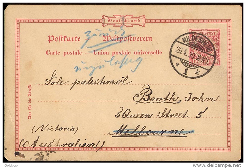 DR 1890 Übersee-GSK Mit Gitterversuch-Stempel HILDESHEIM > Melbourne, Australien - Briefe U. Dokumente