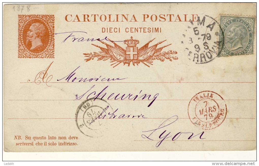 ENTIER POSTAL # CARTOLINA POSTALE # DIECI CENTIMI # 1878 # - Entero Postal
