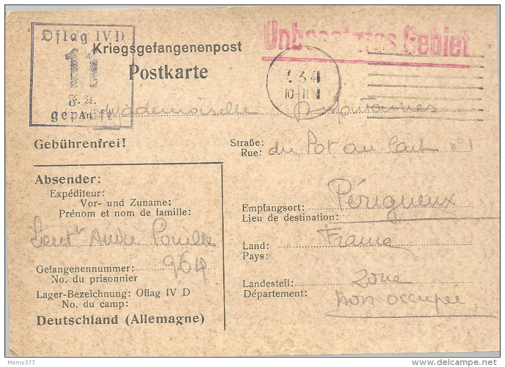 FRANCE   -==-   POSTKARTE  -==-  Courrier Des Prisonniers De Guerre  -==-  à Destination De PERIGUEUX  Zone Non Occupée - Lettres & Documents