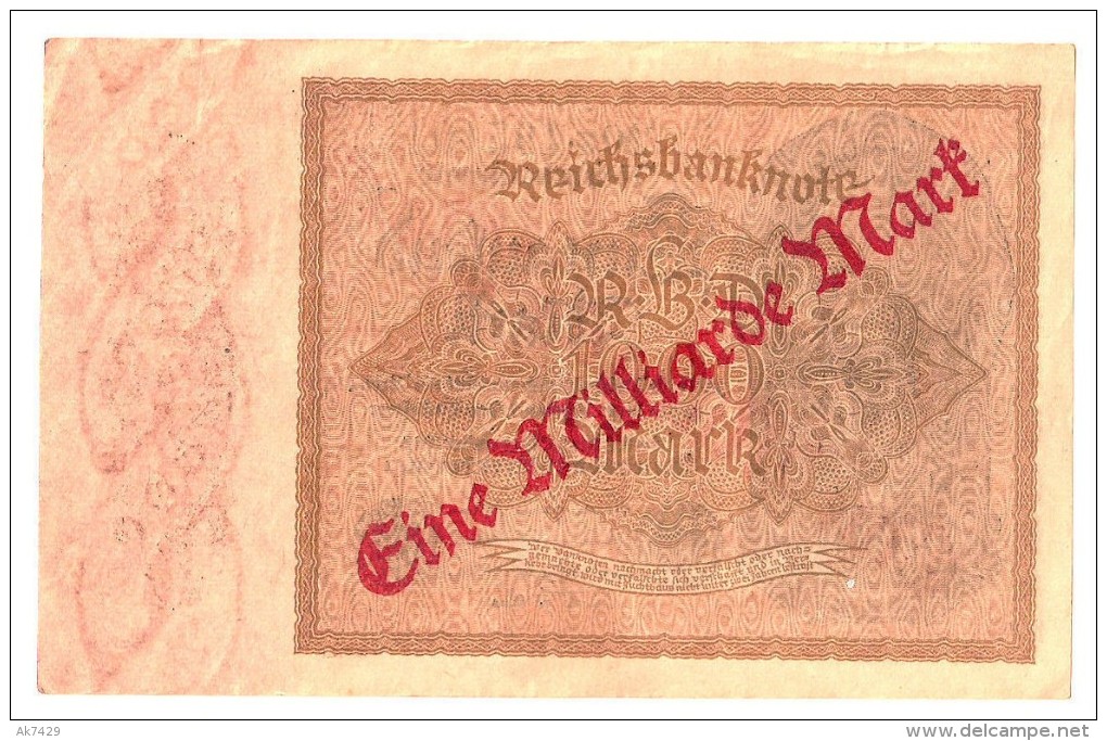 Germany Reichsbanknote 1000 Mark, Overprint 1.000.000.000 ,1 Billion  Mark  ND(1923 Old 1922)P-113a AXF - 1000 Reichsmark
