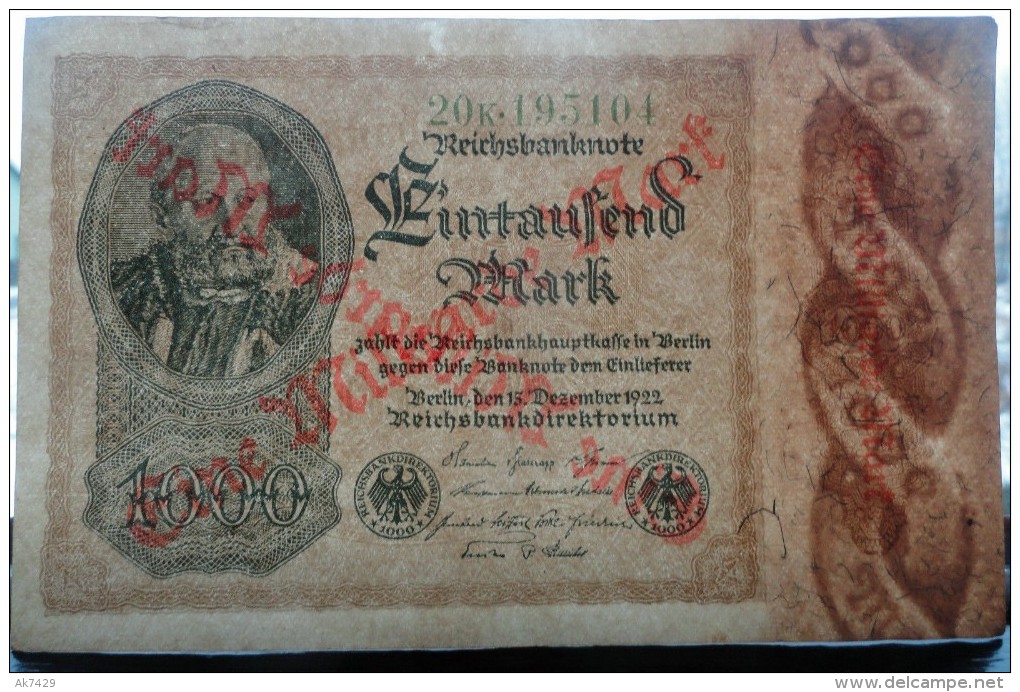 Germany Reichsbanknote 1000 Mark, Overprint 1.000.000.000 ,1 Billion  Mark  ND(1923 Old 1922)P-113a AXF - 1000 Reichsmark