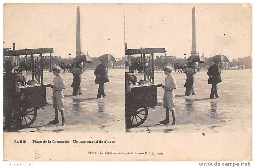 Paris     75008      Marchand De Glaces.Place De La Concorde   (carte Stéréoscopique) - Arrondissement: 08