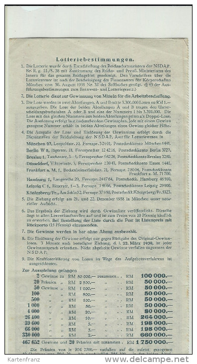 Los Lotterie Reichslotterie Der NSDAP 1938 - 1 Mark - 3.Reich - Und Werbung Für Die 192. Sächs. Landes Lotterie - Selten - Sonstige & Ohne Zuordnung