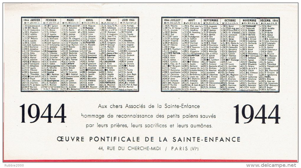 PETIT CALENDRIER 3 VOLETS 1944 OEUVRE PONTIFICALE DE LA SAINTE ENFANCE 44 RUE DU CHERCHE MIDI PARIS 6 - Petit Format : 1941-60