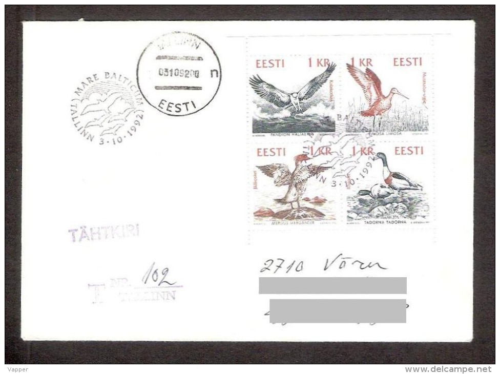 Birds 1992 Estonia  4 Stamps FDC  "R" Birds Of The Baltic REGISTERED Lettre - Albatros & Stormvogels