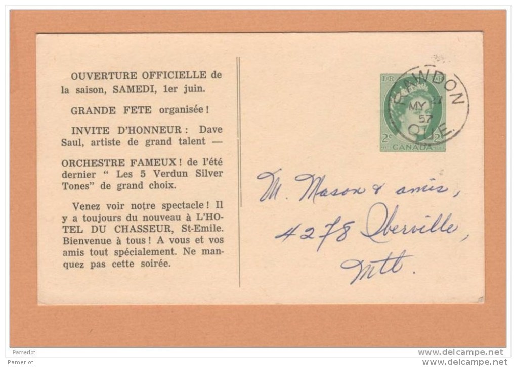 St-Emile Du Lac Des Iles Quebec ( Grill Hotel Du Chasseur )  Entier Postal Cover Rawdon 1957 2 Scans - Other & Unclassified